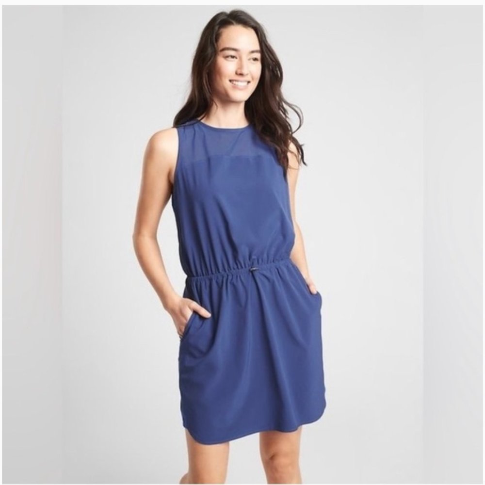 Athleta Sol Dress Womens 10 Blue Athleisure Pockets Stretchy Sleeveless